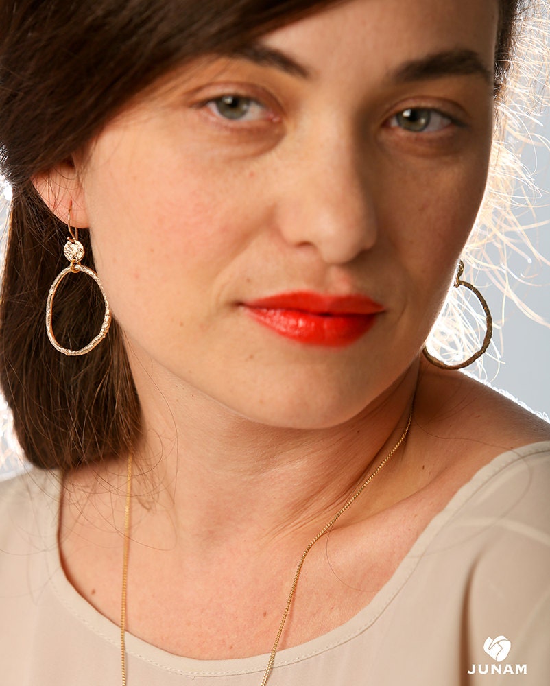 Large Oval Hoop Earrings, 18k gold plated - Textured Hoops, Large Dangle Earrings, Unique, Handmade, Rough Texture, Egg Shaped, Gift For Mom