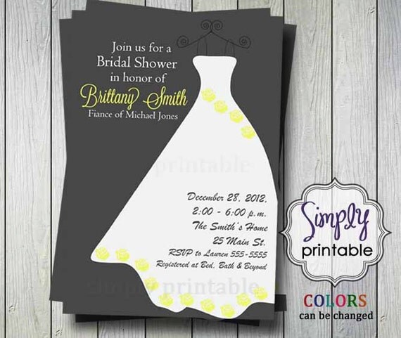 Yellow/Gray Wedding Dress Bridal Shower Invitation (Printable Digital File) Il_570xn