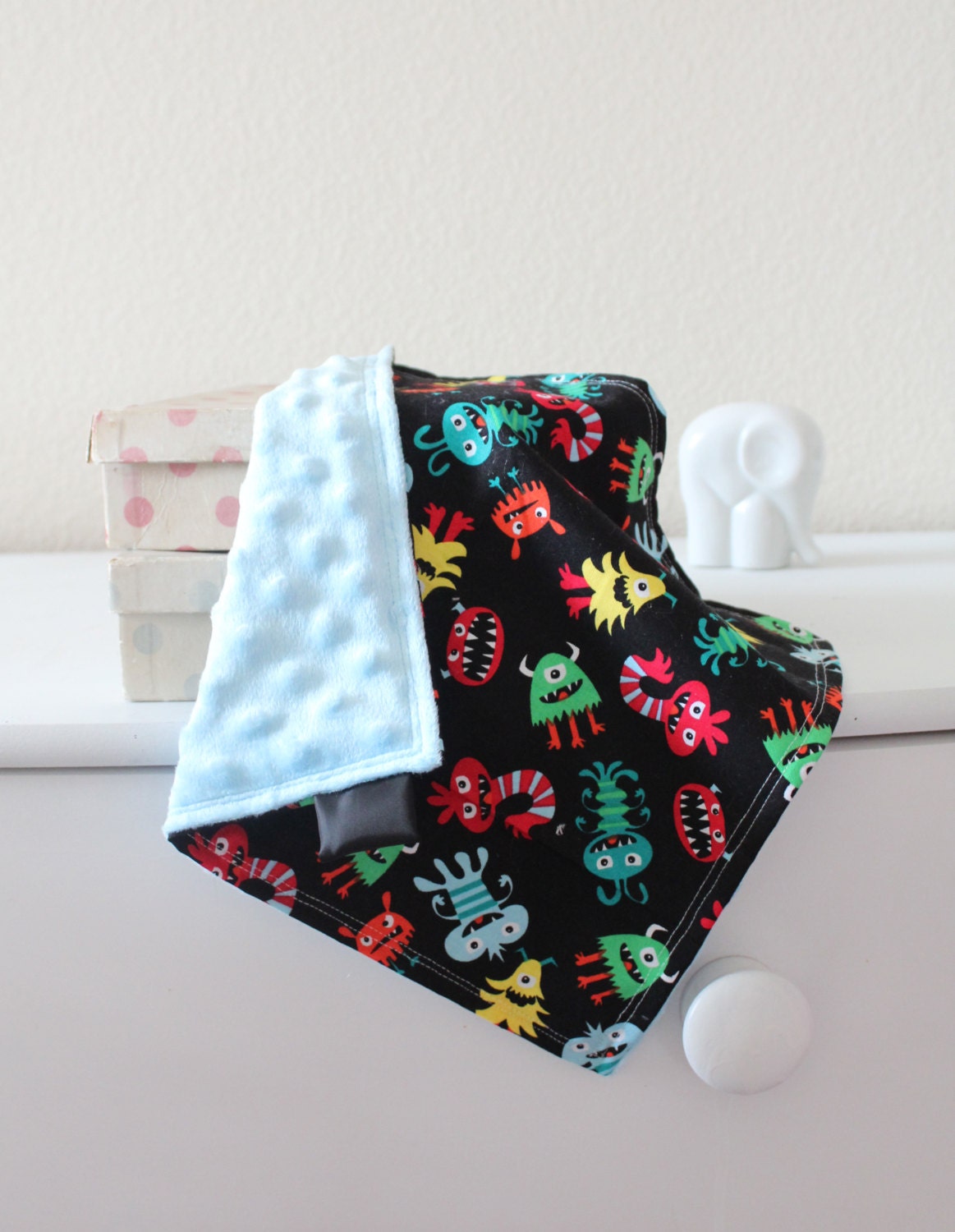 Colorful Monsters with Blue Minky Mini Blanket