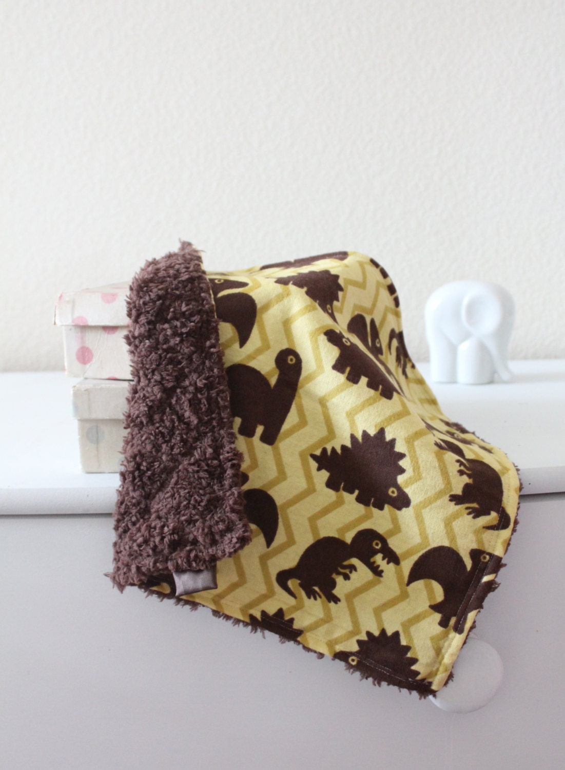 Yellow Chevron and  Brown Dinos with Brown Fuzz Mini Blanket