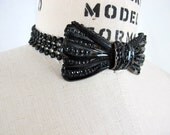 Late 1800s Gothic Victorian Jet Bead Bow Choker Necklace