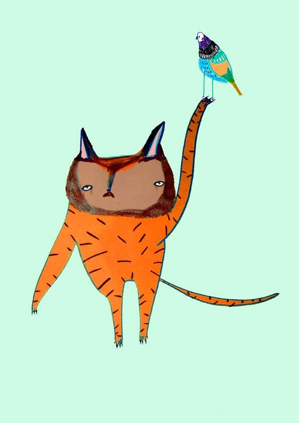 Cat and Bird. Kids art print, illustration print, kids wall art.