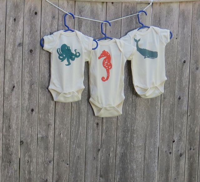 Set of 3: Baby Whale, Octopus, Seahorse, Infant Onesies, Organic Cotton