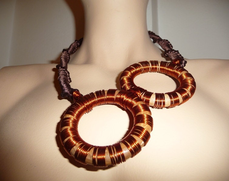 Copper necklace, wire wrapped, crocheted, boho, hippie, statement, brown, wooden, cord, enameled, modernist, circle, donut, silk, 