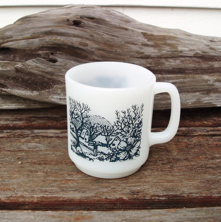 Vintage Glasbake Mug Milk Glass Black and White Mug Black Coffee Cup Stackable