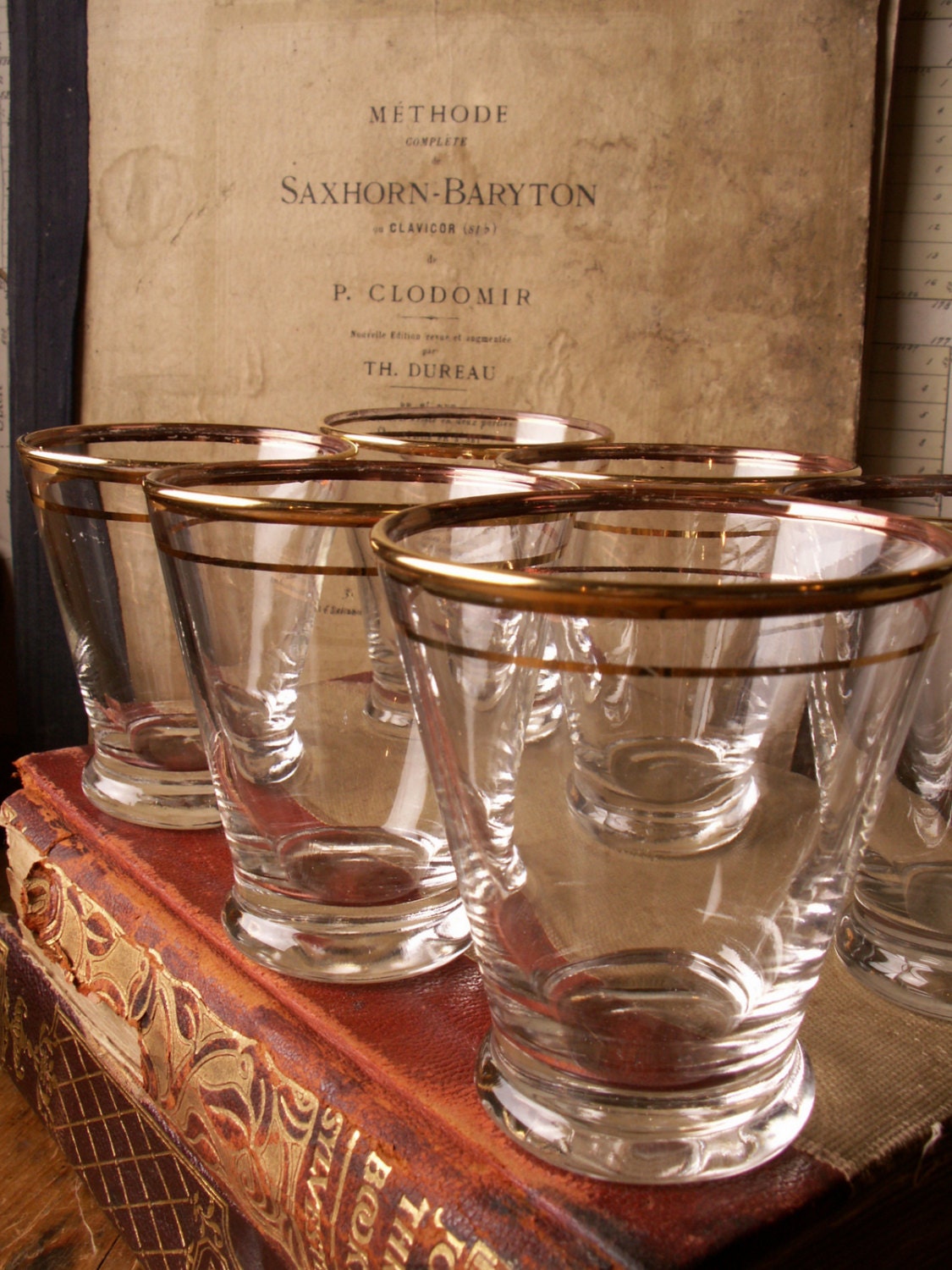 Set of Six Vintage Gold Rimmed Cocktail Glasses