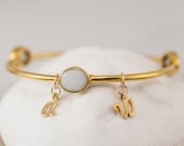 Personalized Charm Bangle - White Agate Bracelet - Gemstone Bangles - Friendship Bracelet - Initial Charm Bracelets Mother's Day Gift