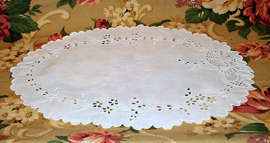 Vintage White Cotton Linen Doily with punch work and butterfly motif