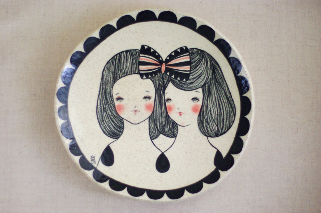 SISTERS hand painted original illustration plate by Min Lee