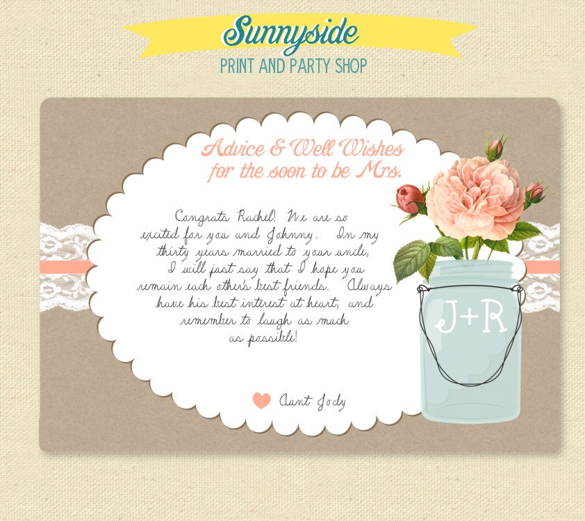 Newlywed Advice Card - Lace Mason Jar - You choose flower