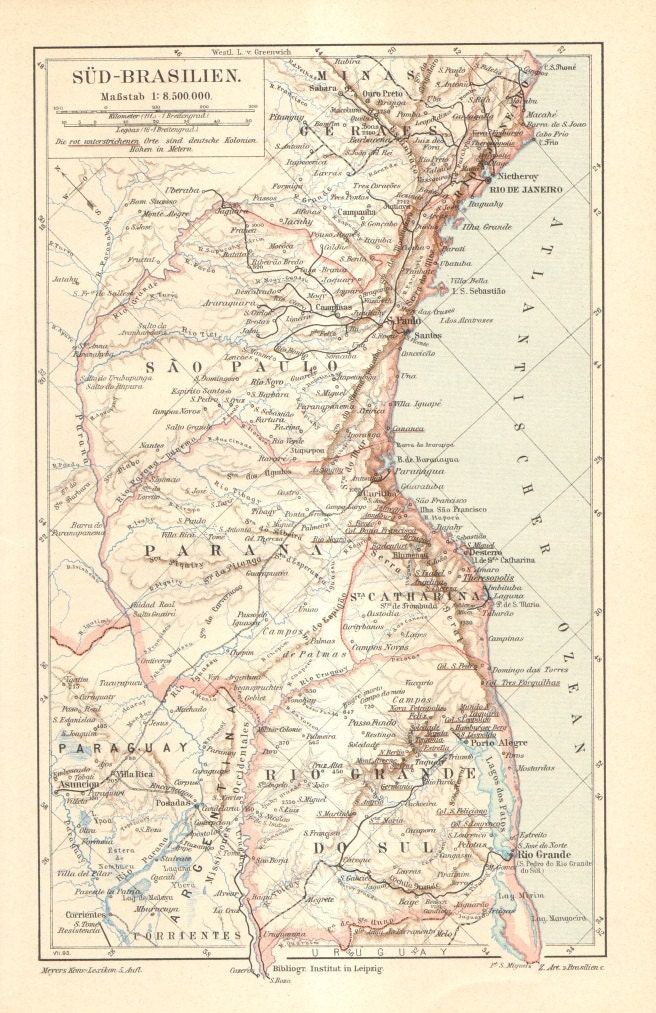 1893 Original Antique Dated Map of the Southern Part of Brazil