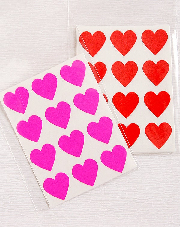 48 Heart Label Stickers- NEON PINK
