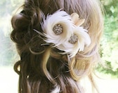 Ivory Bridal Fascinator, Wedding Headpiece, Bridal Hair Accessory, Bridal Hair Flower, Feather Flower Fascinator, Rhinestone Hair Clip