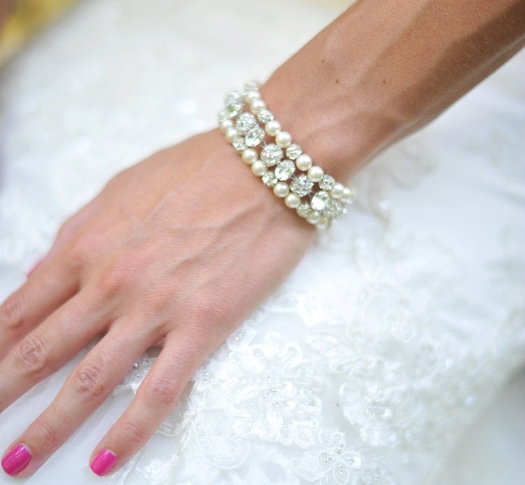 Pearl and Rhinestone Cuff Bracelet, Three Strand Bracelet, Bridal Jewelry, Wedding Jewelry, Chunky Bracelet for Brides
