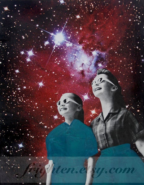 Star Gazers Print, Print of Original Mixed Media Collage, Colorful Stars and Night Sky Art
