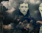 Mixed Media Collage Print, Her Dark Clouds, Altered Antique Portrait