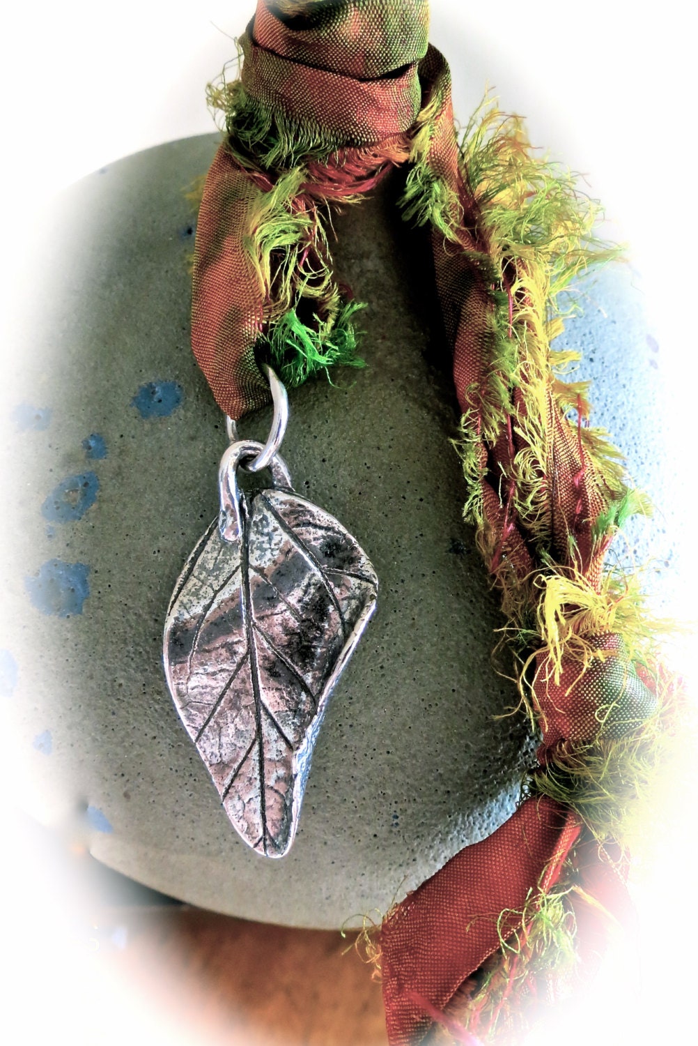 Fine Silver Turning Leaf Pendant Charm Necklace on SILK Sari Ribbon