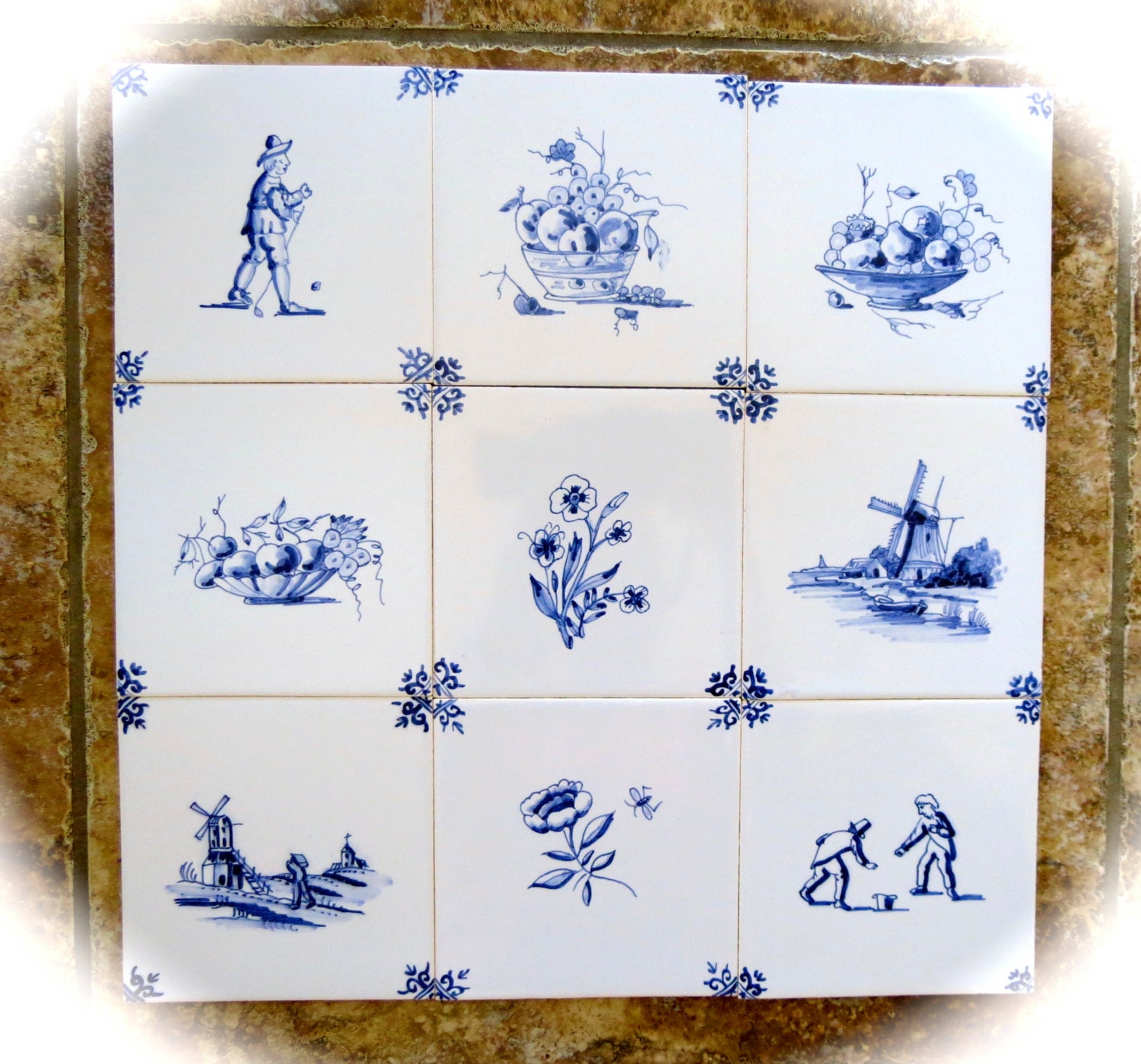 Set of Nine Antique Delft Tiles Wonderful Condition Blue Frames Included