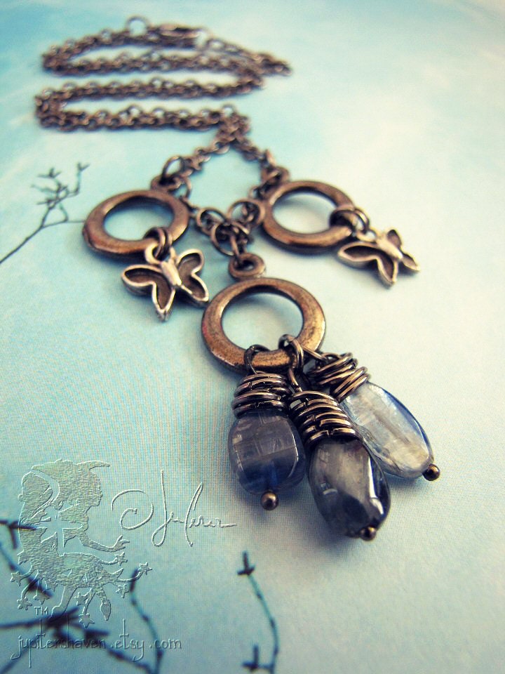 Stone Necklace - Kyanite Briolettes Silver Sky Denim Blue Flash Pewter Butterflies Soldered Gunmetal Chain Bohemian Boho - Spring Flight