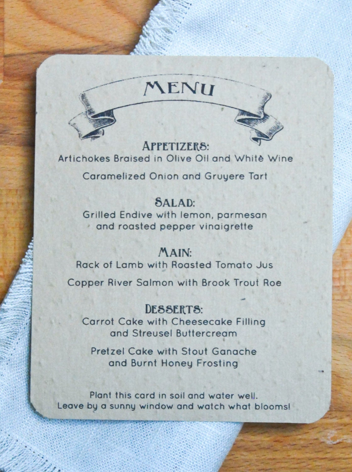 Plantable Seed Paper Menu Card, Edible Garden Card, Carrot, Basil, Lemon Balm, Wedding, Anniversary, Shower