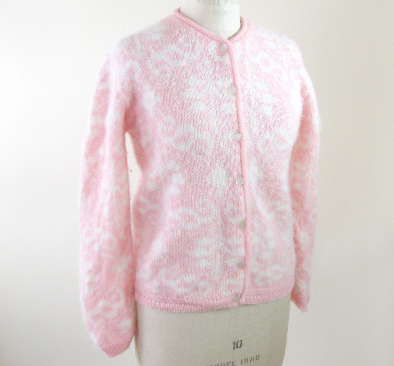 60s Pink Cardigan Wool Angora Sweater Russ Womens Medium Large
