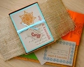 Henna Love - Rustic Wedding Invitation Box With Brown Burlap, Blue and Orange - Purchase for a Sample