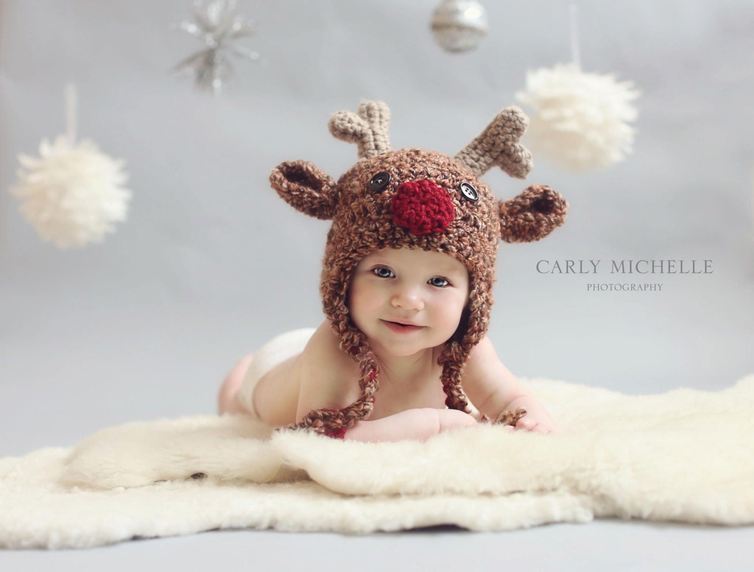 Baby Reindeer Hat with Ear Flaps--Crocheted Rudolf--Perfect Newborn Photo Prop