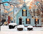 12x18  BLUE Gingerbread VICTORIAN House with pink sunrise- charming watercolor-like landscape - Chagrin Falls Oh -giclee print