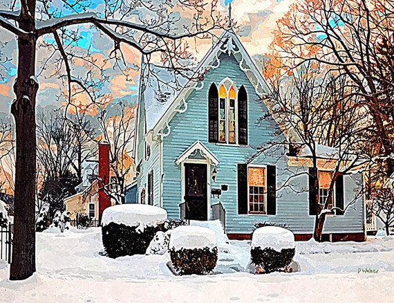 House - Charming Blue Gingerbread VICTORIAN -beautiful pink sunrise -snowy - Chagrin Falls OH - watercolor-like - giclee matted to 8x10