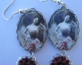Vintage Lady Glass Cameo with Purple Flowers Photo Earrings