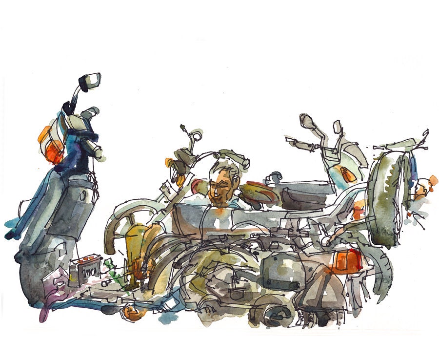 Sketch form India Bike Repair , a watercolor sketch in blue and grey, 8x10 print
