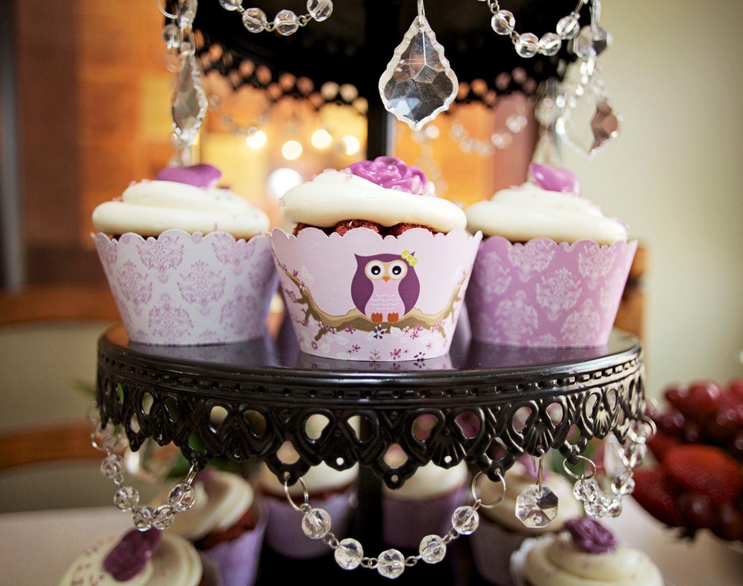 INSTANT DOWNLOAD - DIY printable cupcake wrappers - vintage lavender owl