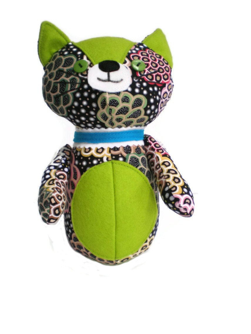 Kitten Softie Kittie Cat Art Doll Black White Green Pink with Lime Green Accents and Blue Collar OOAK