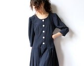 80s Polka Dot Romper, Pleated Shorts Dress Jumpsuit, navy blue & white button front slouchy hipster office schoolgirl culottes jumper