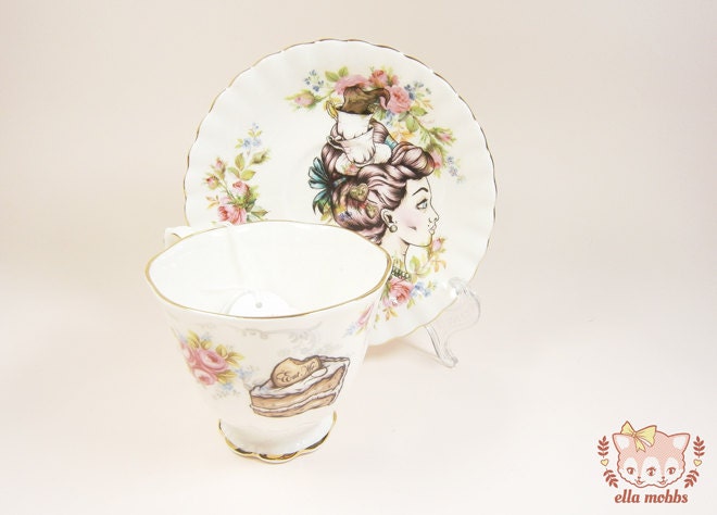 Vintage Tea Cup and Saucer with a Tea Cup Lady Illustration