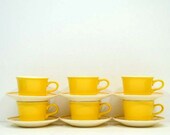 Vintage USA Pottery Bright Yellow Coffee Cups and Saucers:    Set of 6