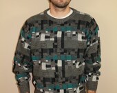 SALE Mens Black Grey & Teal Abstract Knit Sweater