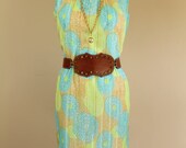 60s Metallic Gold Striped Blue & Lime Green Floral Sleeveless Dress
