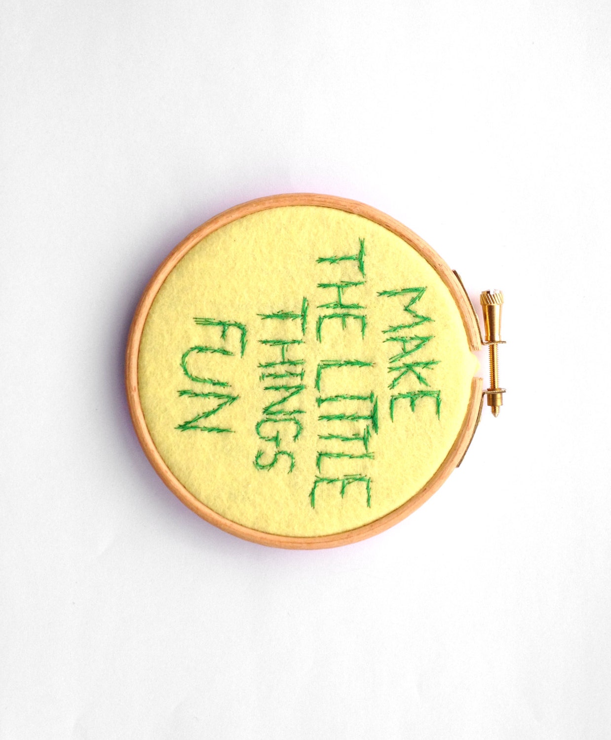 Make The Little Things Fun - Yellow Embroidery Hoop Art, Work Place Art