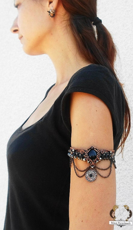 Gothic Upper Arm Cuff Bracelet/Armlet, Black Onyx gemstones and chains, Adjustable, Bohemian Wire Wrapped Handmade Jewelry