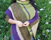 Diagonal Poncho with Cowl Neck "Napa Valley" Green Purple Cream Variegated Shawl Warm Soft Grapvine Wine Country