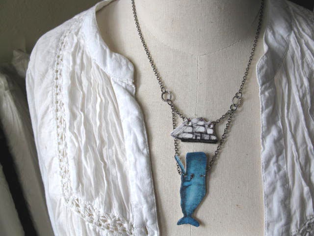 Moby Dick Whale and Ship Necklace Kitsch Geekery