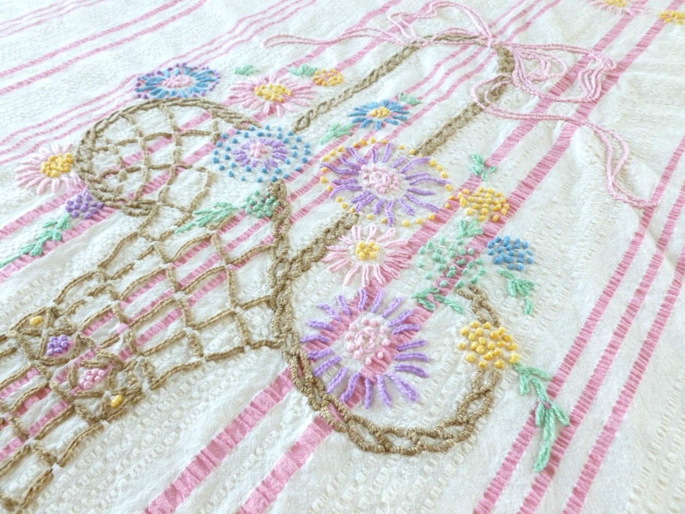 Hand Embroidered Floral Seersucker Bedspread in Pink and Creamy White with Pastel Flowers Coverlet Twin Full Size - BornAtTheWrongTime