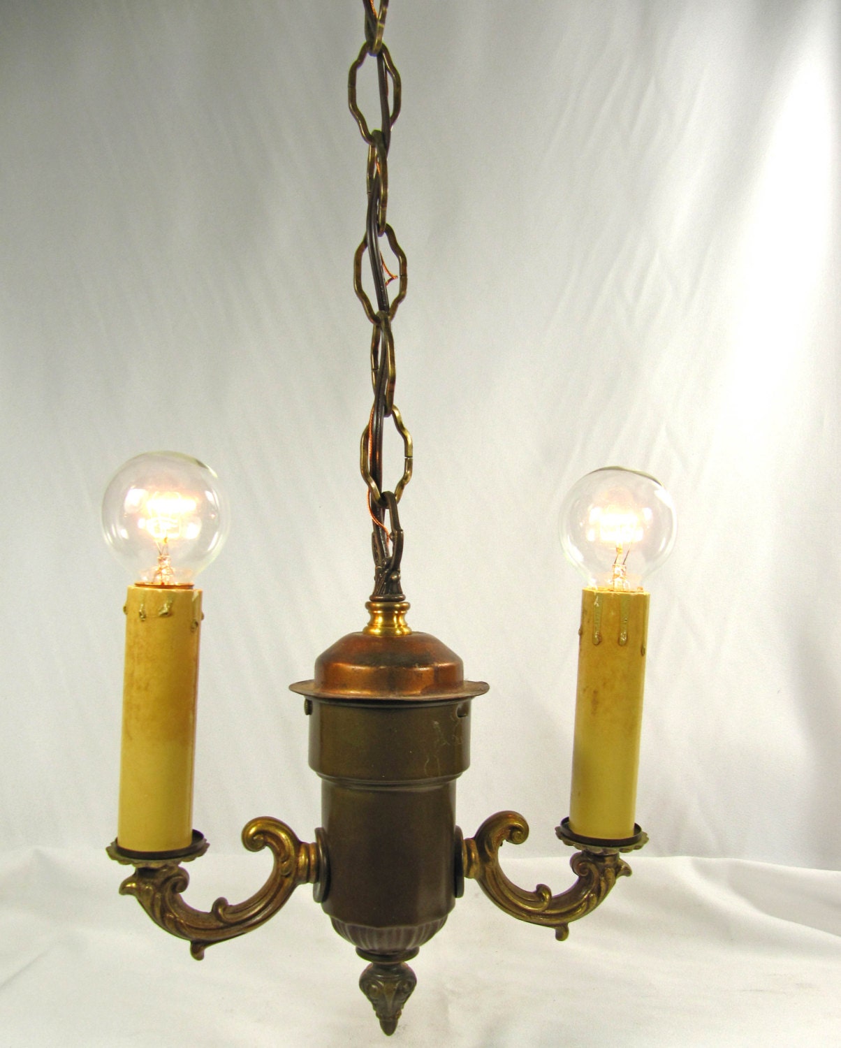 Chandelier Antique Pendant 2 Light Cast Metal Brass Ceiling Hanging Fixture Deco 1940s