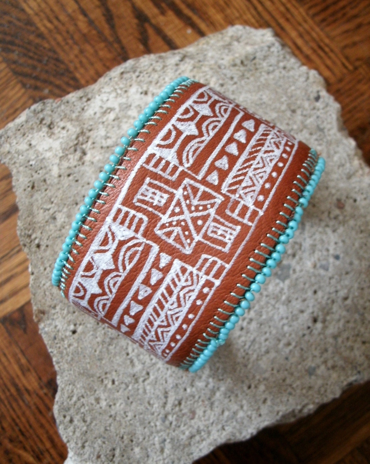 Cuff Bracelet - southwestern inspired leather bracelet with turquoise bead detail, eco friendly, handmade, bohemian jewelry