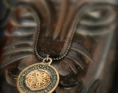 Long Coin Necklace, Antique Gold Long Chain Necklace, Metal Necklace, Engraved Ancient Style Pendant