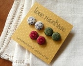 winter berry fabric button earrings, nature set of 3 studs - small half inch size