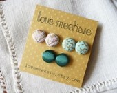 fabric button earrings, lace gold, pastel cyan, emerald green  - set of 3 - small half inch size