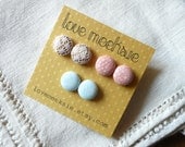 pastel luxe - fabric covered button earrings, small round studs, 1/2 inch size, earring gift set of 3