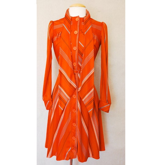 Vintage 1970s Polyester Chevron Stripe Summer Business Work Button Up Dress Original Small Medium